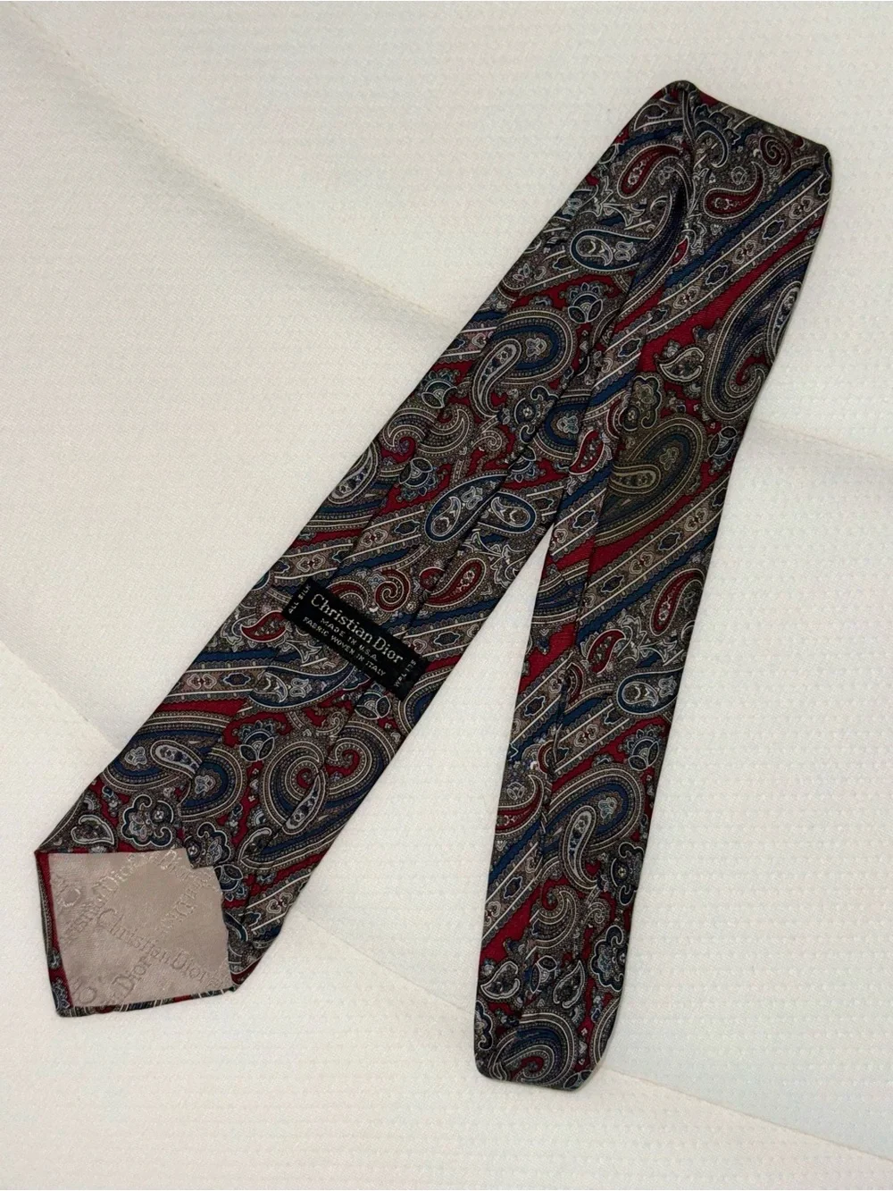 Christian Dior Luxury All Silk Paisley Tie Red & Navy designer Italian woven